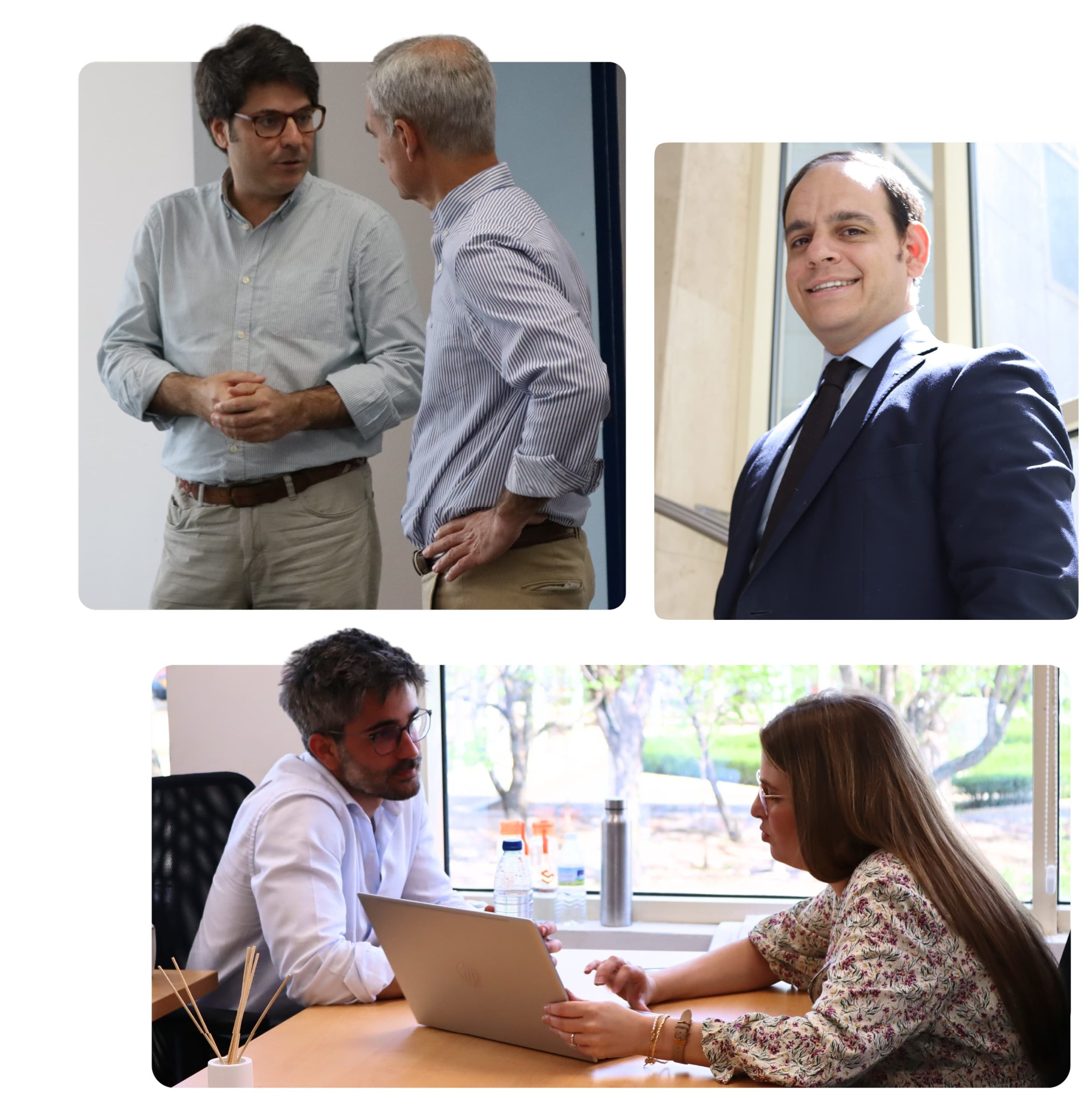 Equipo de Soluciona Mi Deuda conversando con clientes en un entorno profesional.